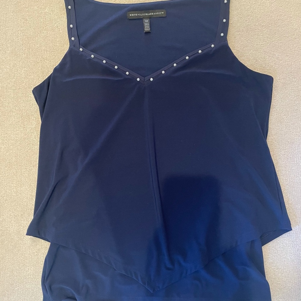 White House Black Market Navy tank with pearl detail size xs